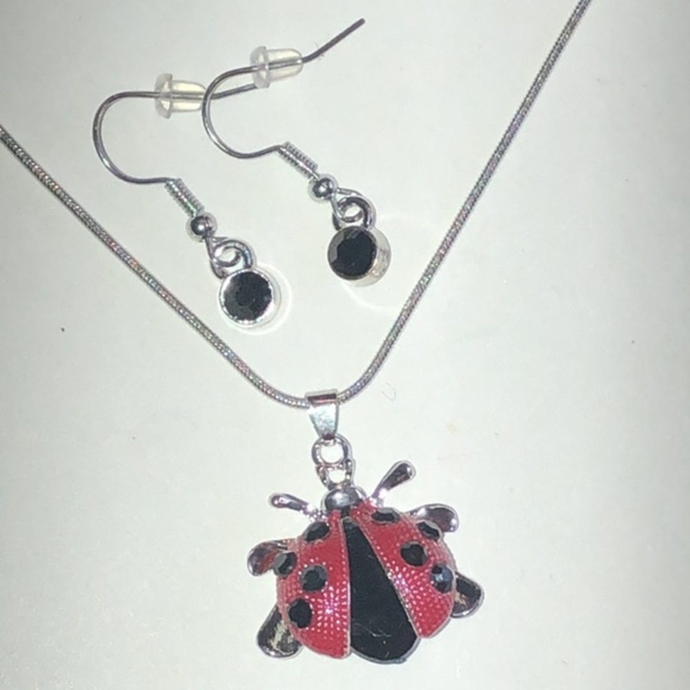 Silver Tone Ladybug Pendant Necklace and Earring Set